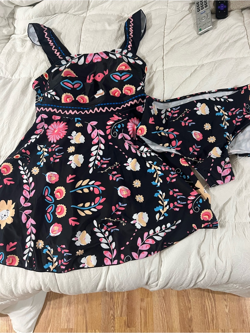 Women’s Black Floral Tankini Dress Swimsuit - Pink & Blue Print